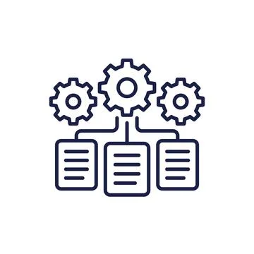 Data management line icon with documents and gears Stock Illustration
