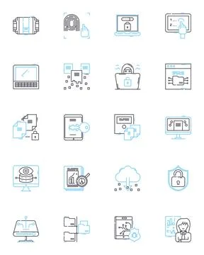 Data management linear icons set. Organization, Storage, Retrieval, Analysis Stock Illustration