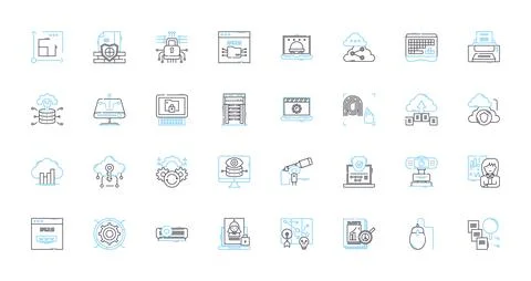 Data management linear icons set. Organization, Storage, Retrieval, Analysis Stock Illustration