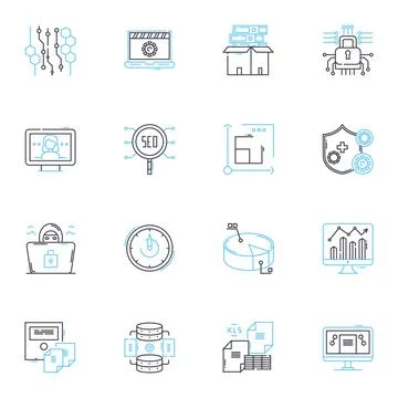 Data management linear icons set. Organization, Storage, Retrieval, Analysis Stock Illustration