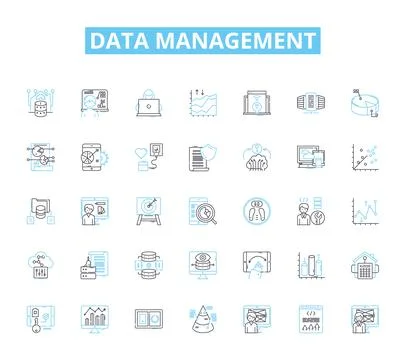 Data management linear icons set. Organization, Structuring, Integration Illustrazione stock