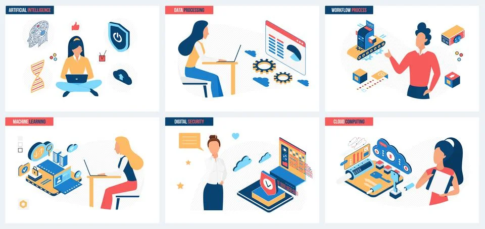 Data management process automation set, people work online with information, AI Illustrazione stock