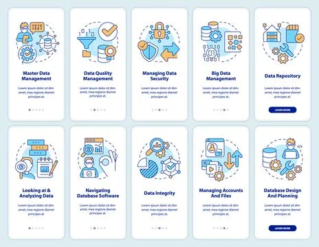 Data management process onboarding mobile app screen set Illustrazione stock
