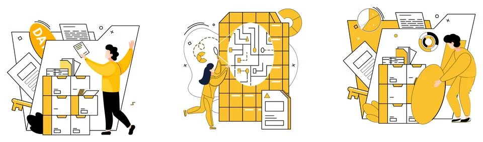 Data management. Reports echo wisdom distilled from vast sea data through Stock Illustration