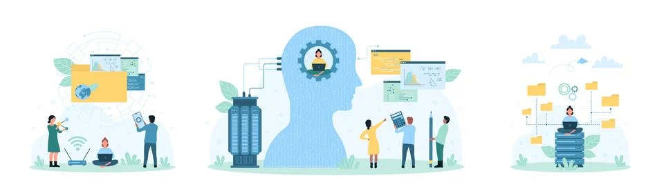 Data management set, tiny people work with data folders inside abstract human Stock Illustration