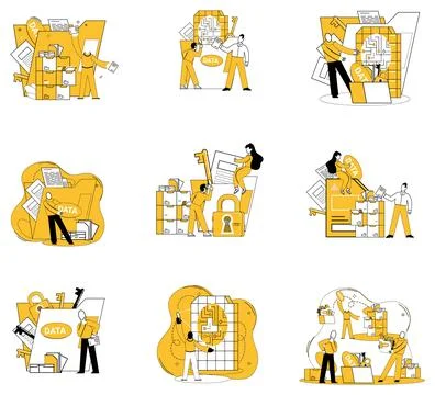 Data management. Statistics become storytellers in capable hands adept data Illustrazione stock