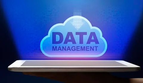 Data Management Storage Cloud Hologram Above Digital Tablet In Male Hand Stock Photos