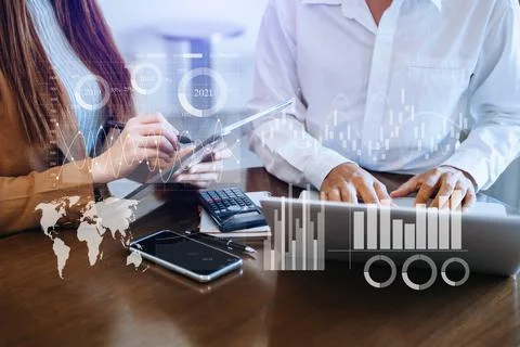 Data Management System with Business Analytics concept. business team hands w Stock Photos
