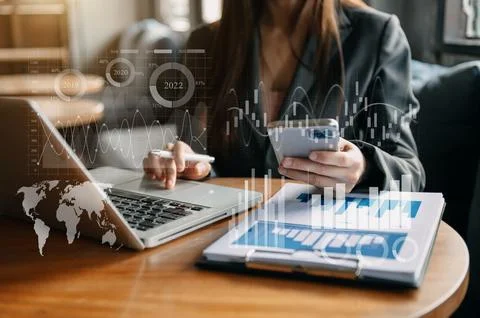 Data Management System with Business Analytics concept. business team hands.. Stock Photos