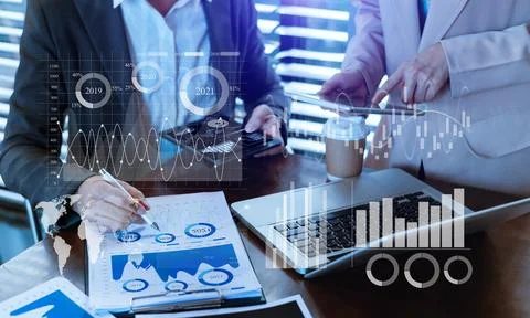 Data Management System with Business Analytics concept. business team hands.. Stock Photos
