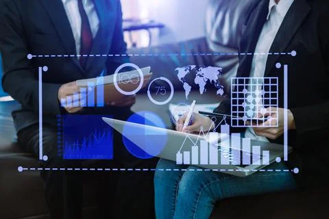 Data Management System with Business Analytics concept. business team hands.. Stock Photos