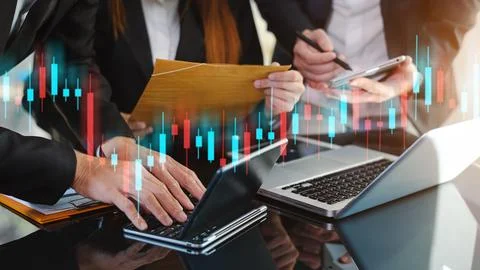 Data Management System with Business Analytics concept. business team hands.. Stock Photos