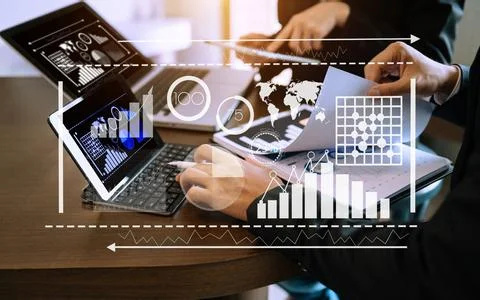 Data Management System with Business Analytics concept. business team hands.. Stock Photos