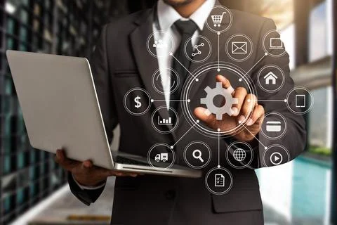 Data Management System with businessman working Stockfoto's
