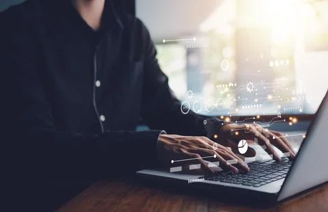 Data management system statistics and analytics concept. Businessman hand t.. Stock Photos