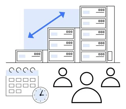 Data management, teamwork coordination, scheduling, business growth, time man Stock Illustration