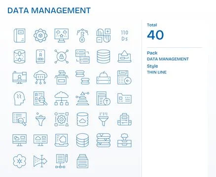 Data Management Vector Graphics Pack including 40 Thin Line 128x128 PIXEL P.. Stock Illustration