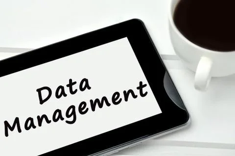 Data management words on tablet pc Stock Photos
