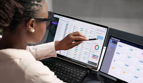 Data Manager Carefully Checks Master Catalog On Laptop For Accurate Metadata. Stock Photos