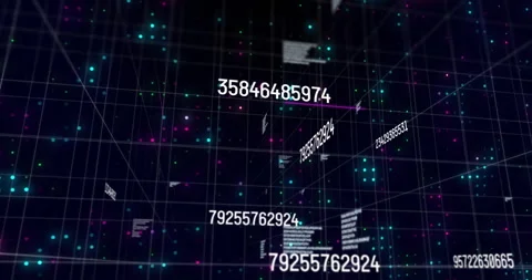 Data matrix flying through 3D grid revealing numeric codes slicing neon line Stock Footage 311083589
