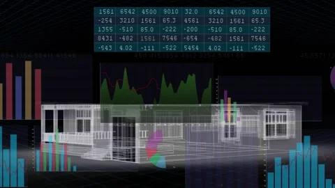 Data matrix updating causing wireframe house fading in charts growing red roof Stock Footage 329454105
