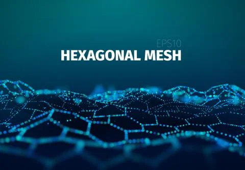 Data mesh connection. 3d futuristic blue background. Hexagonal particles grid Stock Illustration