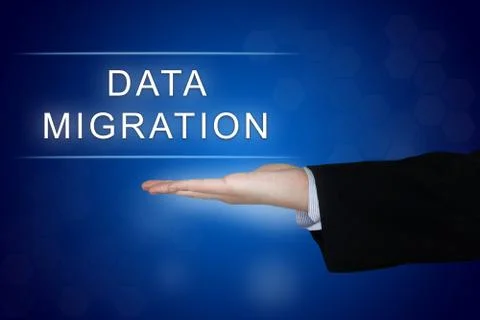 Data migration button on blue background Stock Photos