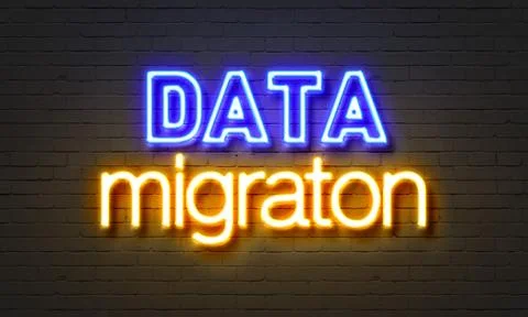 Data migration neon sign on brick wall background. Stock Illustration