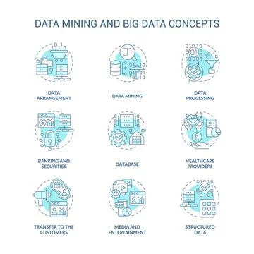 Data mining and big data turquoise concept icons set Illustrazione stock