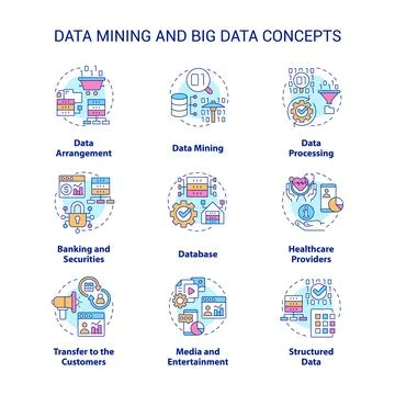 Data mining and big data concept icons set Illustrazione stock