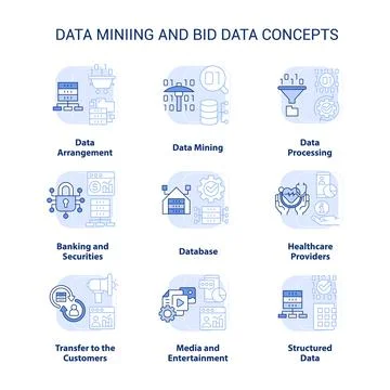 Data mining and big data light blue concept icons set 스톡 일러스트