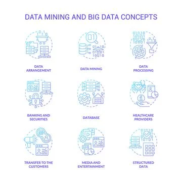 Data mining and big data blue gradient concept icons set Illustrazione stock