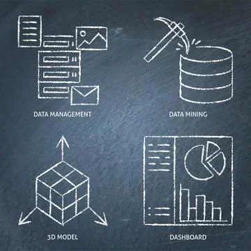Data mining and management chalkboard icon set Illustrazione stock