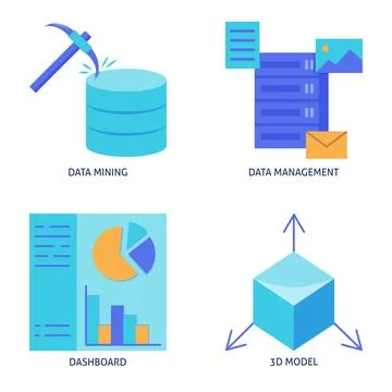 Data mining and management flat icon set Stock Illustration