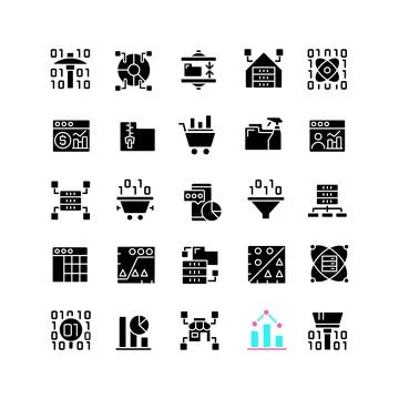 Data mining black glyph icons set on white space 스톡 일러스트
