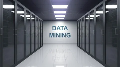 DATA MINING caption on the wall of a server room. 3D rendering Illustrazione stock