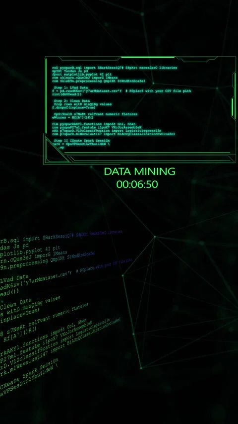 Data mining code panel visual with green HUD frame, digital timer, and network l Stock Footage 340552207