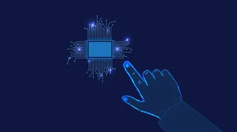 Data mining  concept. Chip and hand. Dark blue background. Stock Illustration
