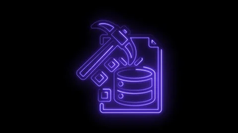 Data mining concept with glowing neon pickaxe and database on black backgro.. Video stock 346002164