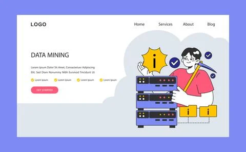 Data mining. An expert analyzing servers for valuable insights. Illustrazione stock