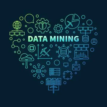 Data Mining Heart colored banner in thin line style - Database Analytics co.. Stock Illustration