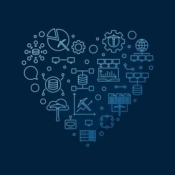 Data Mining heart-shaped blue outline banner. Database Analytics concept il.. Stock Illustration