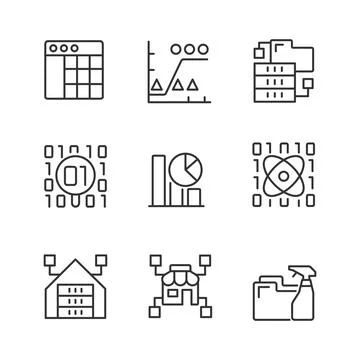 Data mining in industry linear pixel perfect icons set Stock Illustration