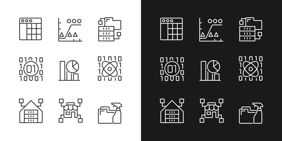 Data mining in industry linear pixel perfect icons set for dark and light mode Stock Illustration