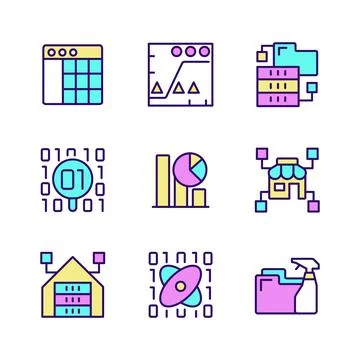Data mining in industry RGB color pixel perfect icons set Stock Illustration