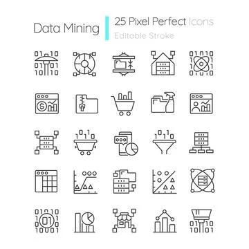 Data mining linear perfect pixel icons set 스톡 일러스트