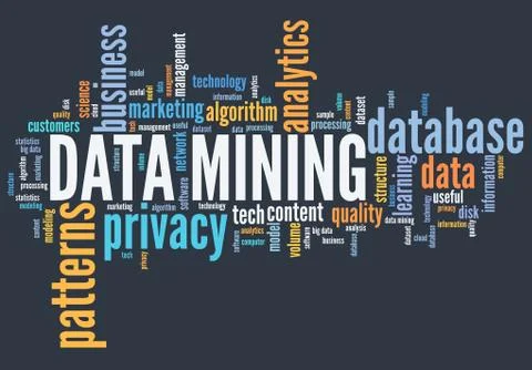 Data mining - online info harvesting and storage technology concept. Word clo 스톡 일러스트