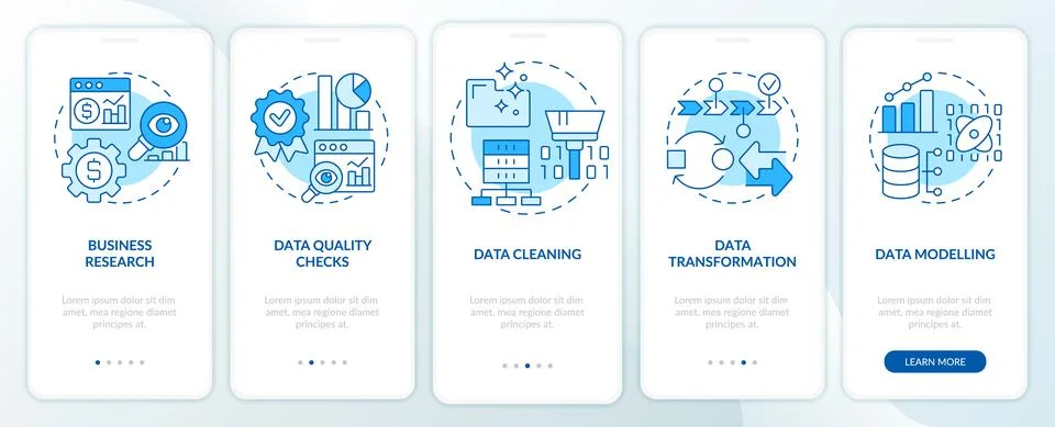 Data mining process blue onboarding mobile app screen Stock Illustration