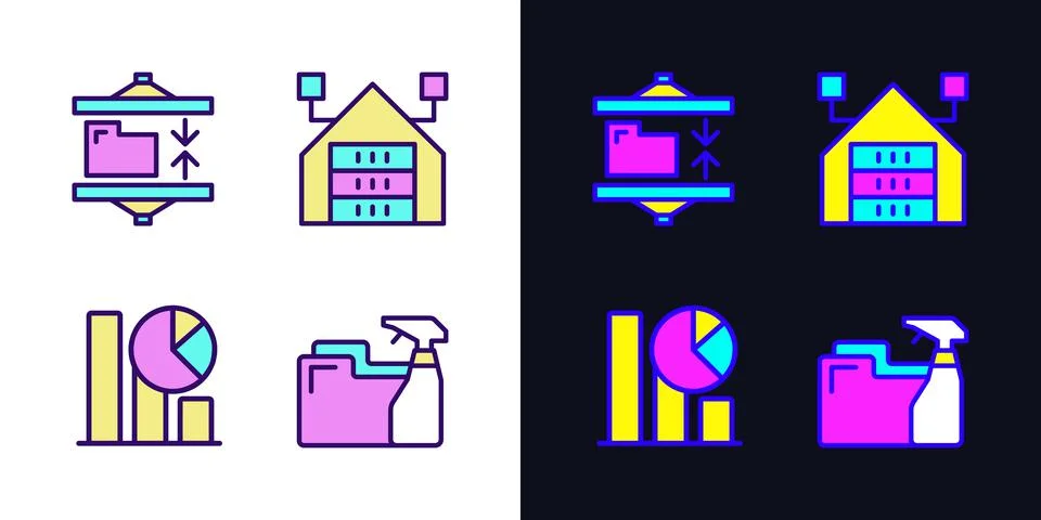 Data mining processes light and dark theme RGB color pixel perfect icons set Stock Illustration