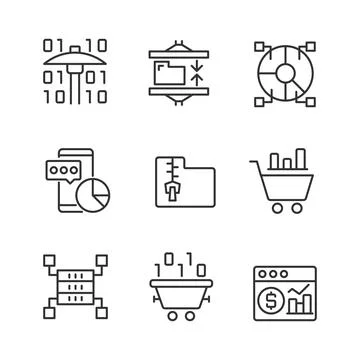 Data mining processes linear pixel perfect icons set イラスト素材